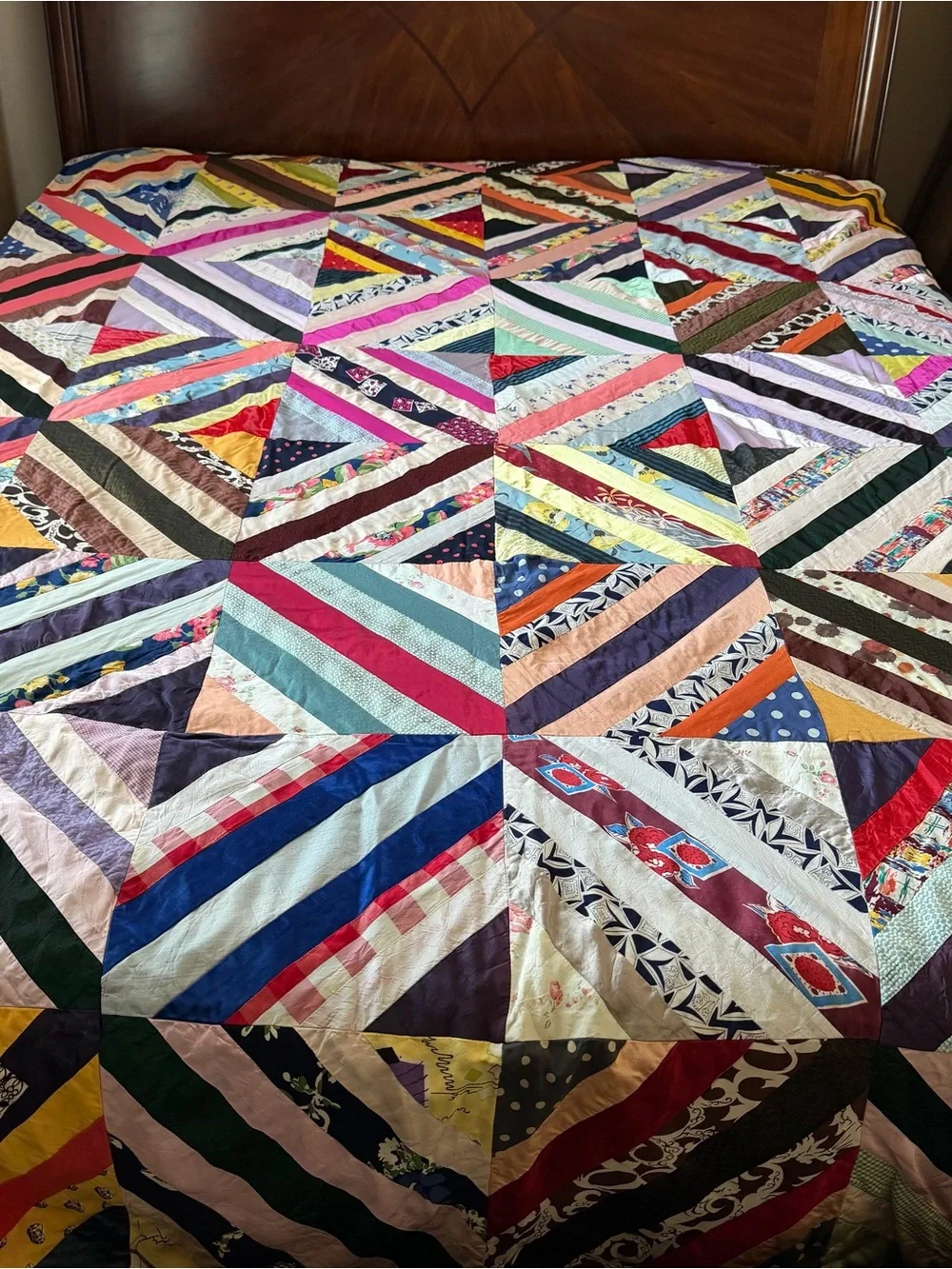 Vintage Handmade Satin String Quilt 62x96 Boho Patchwork Bed Throw